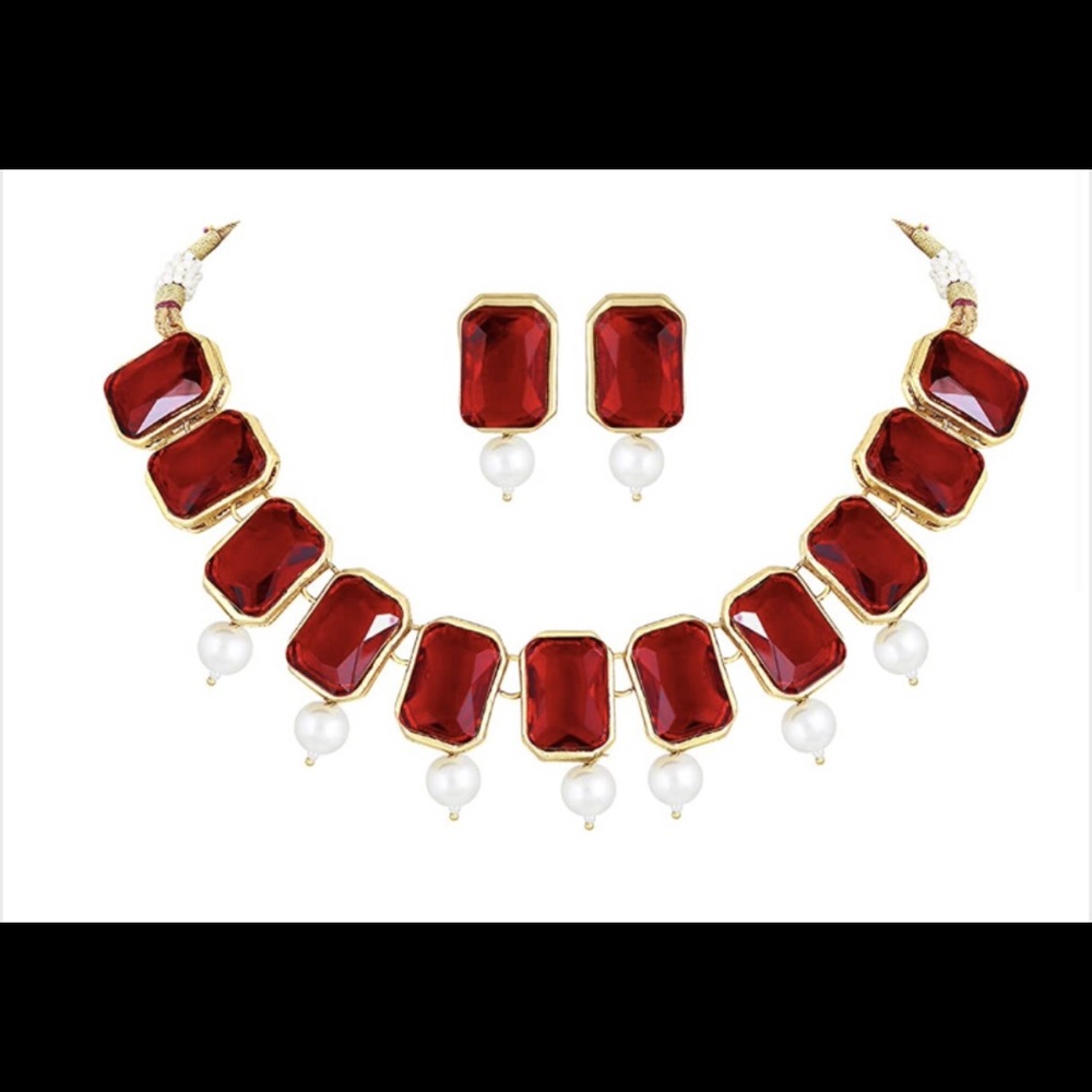 Aheli Wedding Party Wear Square Crystal Necklace with Drop Earrings